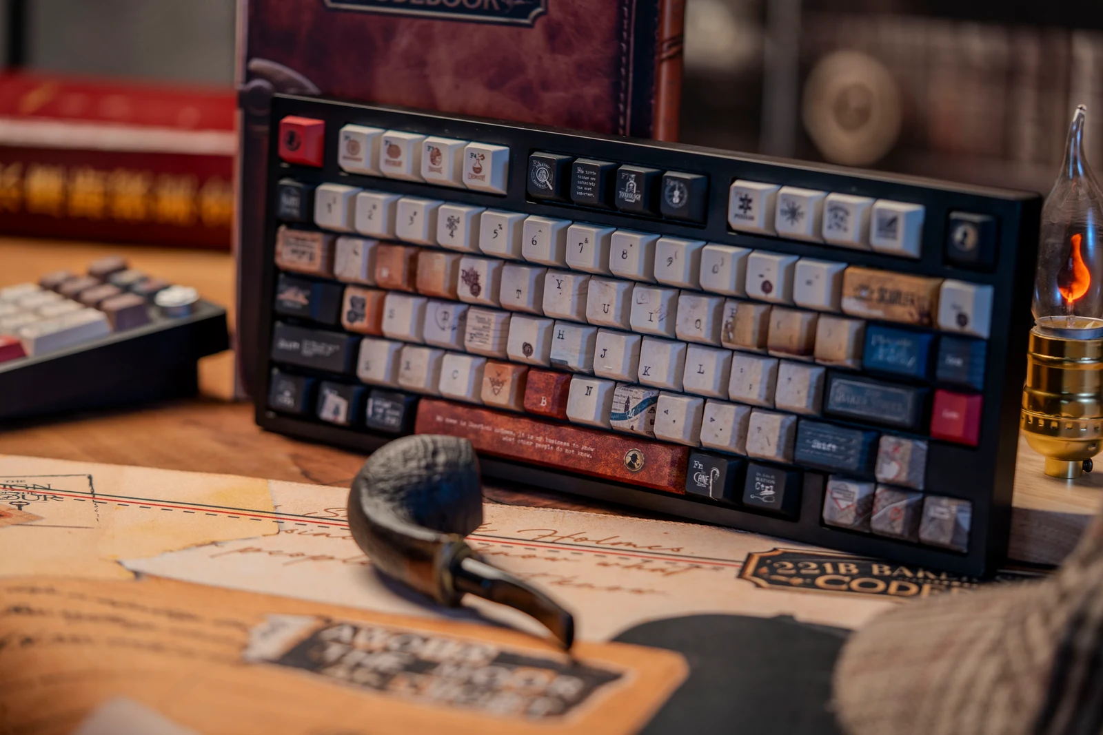 221B Codebook keycaps, photographed on a keyboard